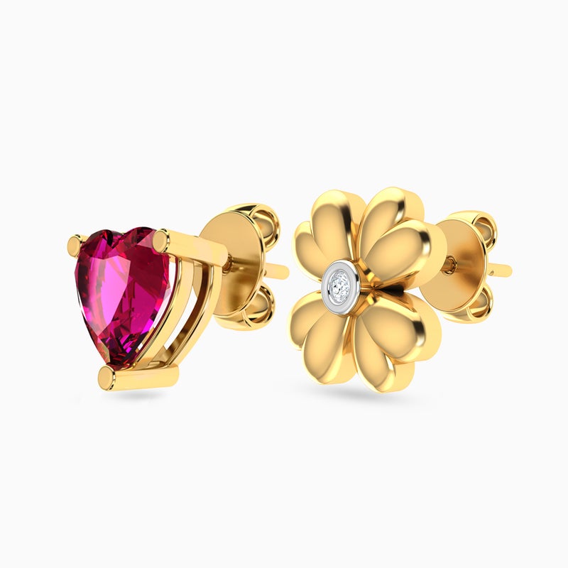 Miss L' by L'azurde Flower Heart Diamonds & Red Stone Stud Earrings in 18K Gold - Image 3